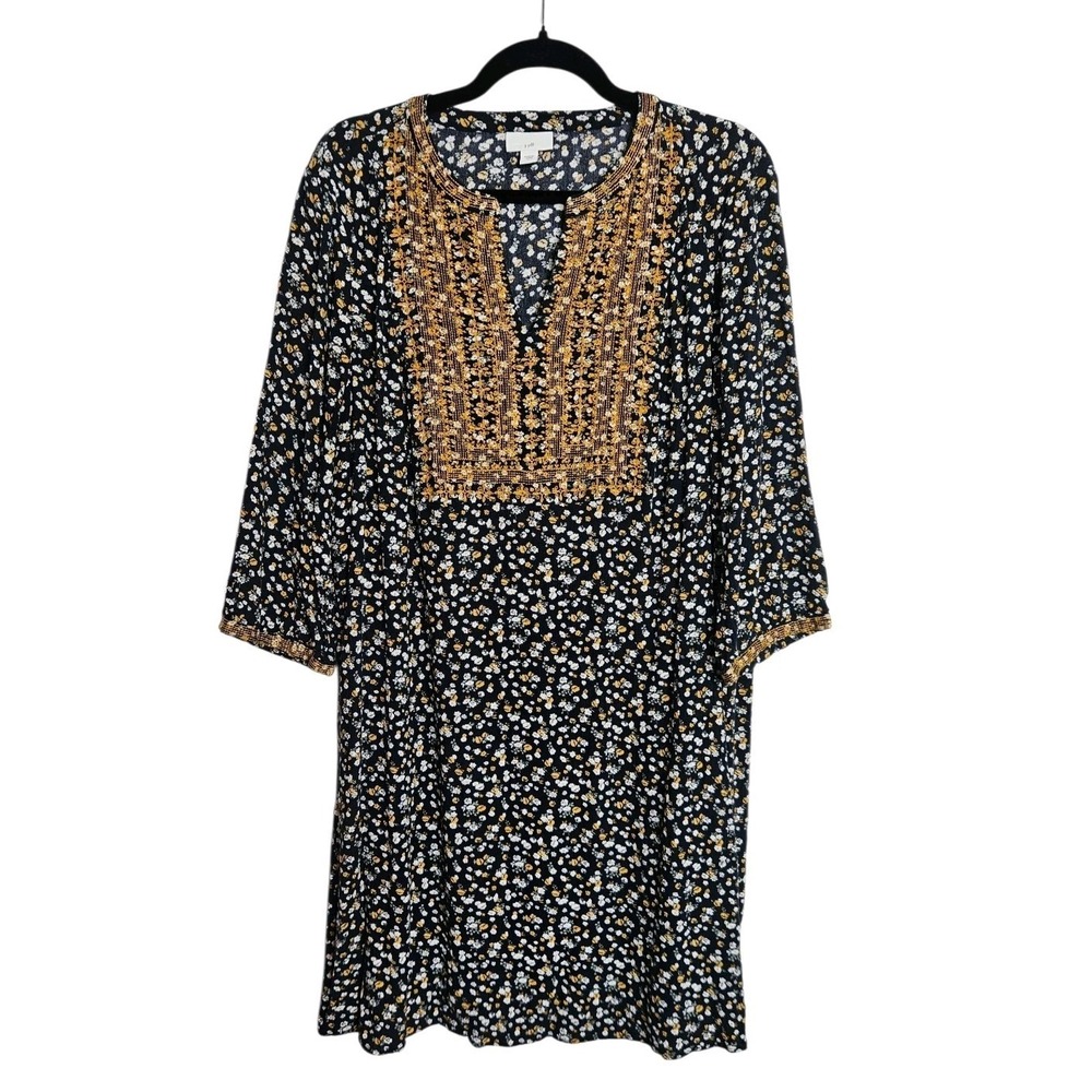 J. Jill Ditzy Floral Embroidered Midi Dress Sz L Boho Spring Navy Blue Pockets